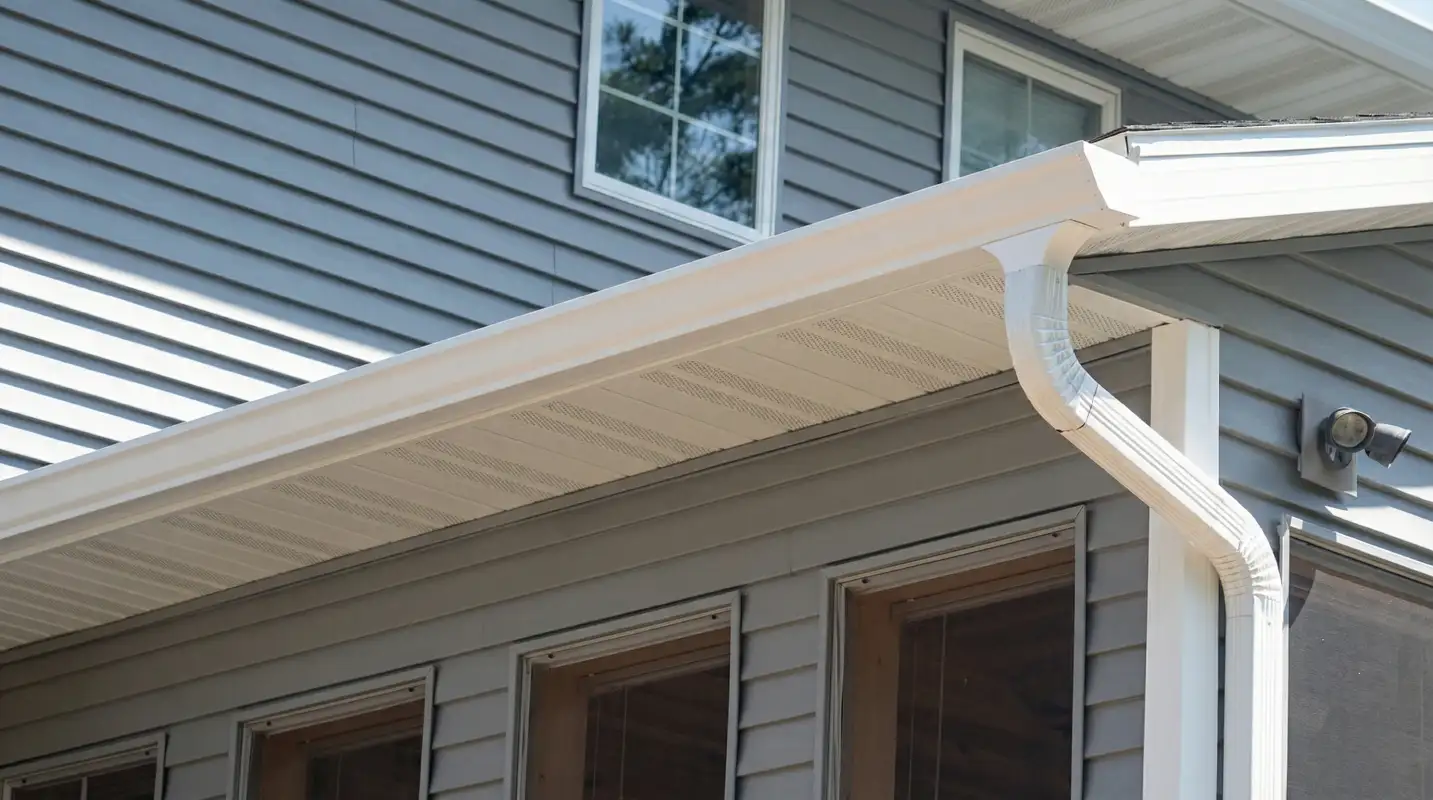 Professional home remodeling project showing newly installed white seamless gutters and downspouts on a house with gray siding in Springfield, MO