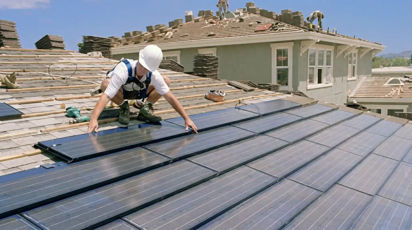 Roof replacement expert installing modern solar shingles on a residential home in Springfield, MO