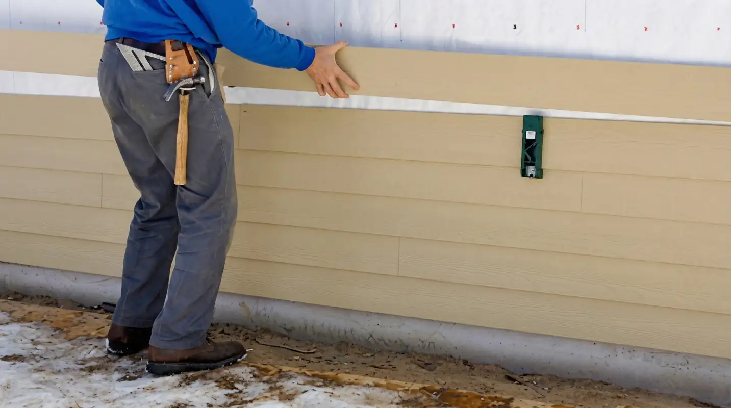 Siding replacement expert carefully aligning a new tan siding panel onto a residential exterior wall in Springfield, MO
