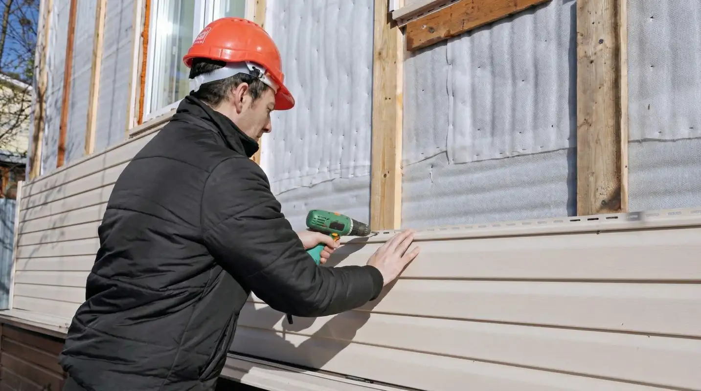 Siding replacement professional using a power drill to install new tan vinyl siding on a home exterior in Springfield, MO