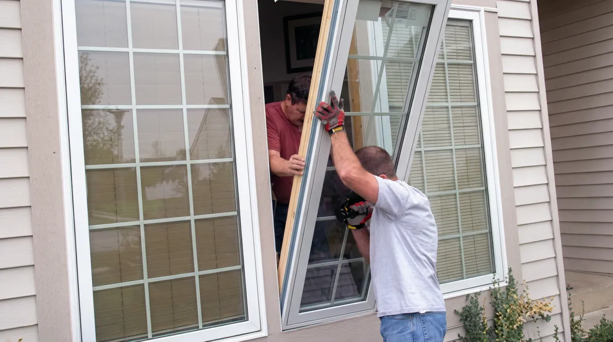 Professional home remodeling team installing a large replacement window on a house with tan siding in Springfield, MO