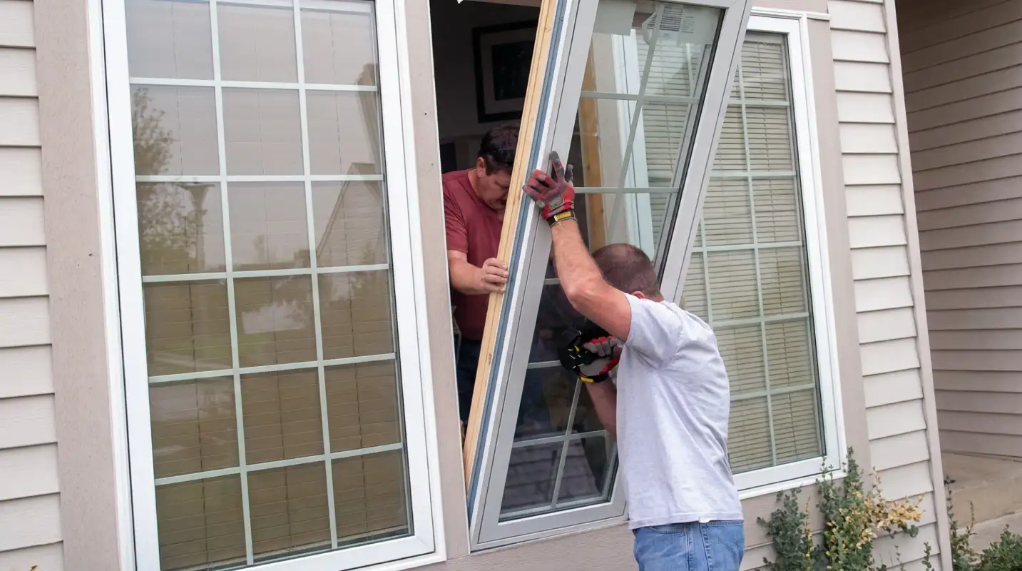 Professional home remodeling team installing a large replacement window on a house with tan siding in Springfield, MO